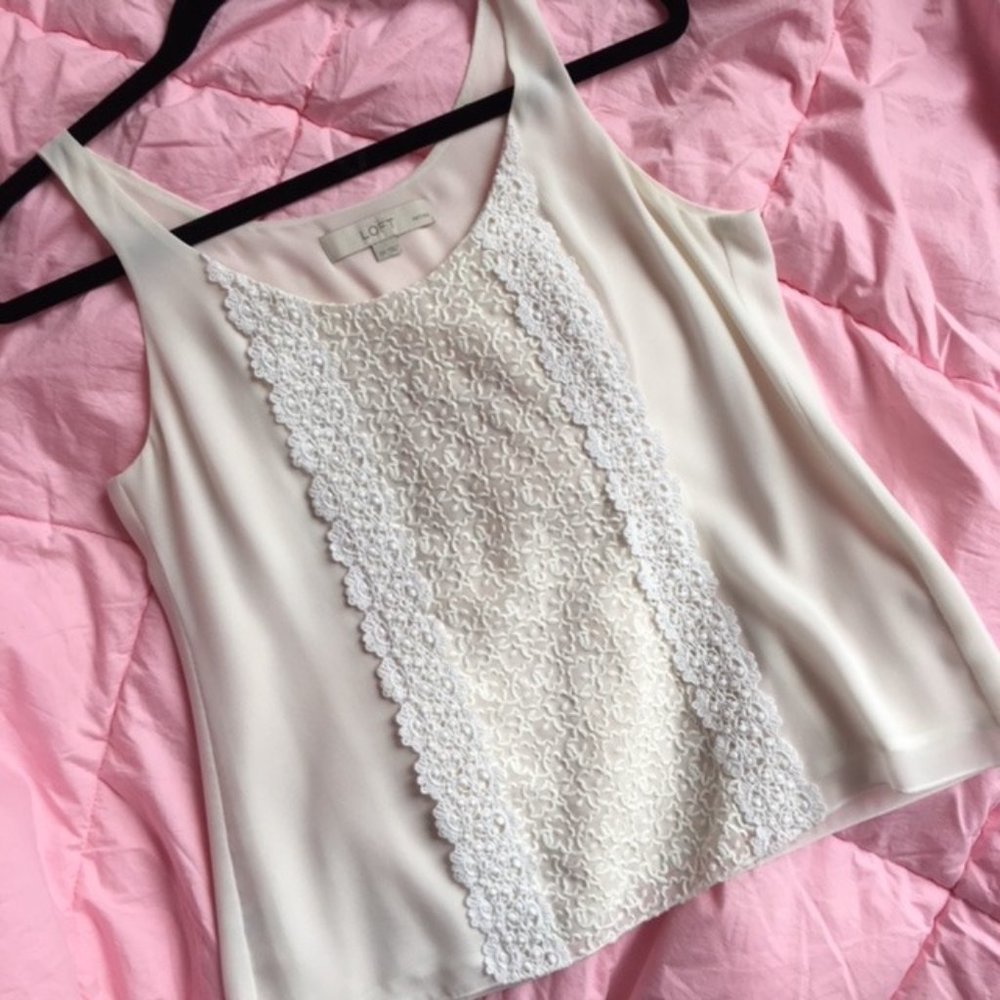 Loft Floral Lace Cream Chiffon Shell Tank Blouse